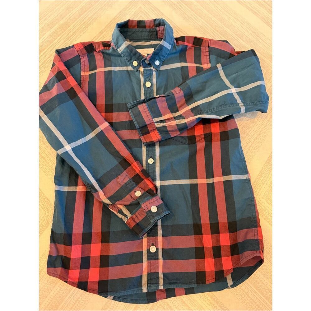 Burberry Boys Check Button Down Shirt Size 7Y Turquoise Red Plaid